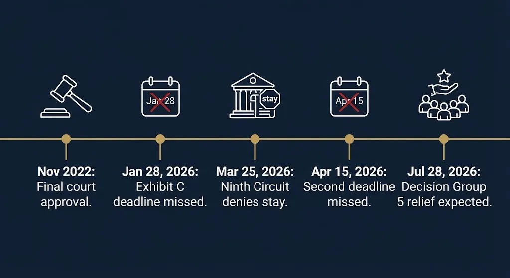 Timeline of key 2026 deadlines in the Sweet v. Cardona student loan settlement case.