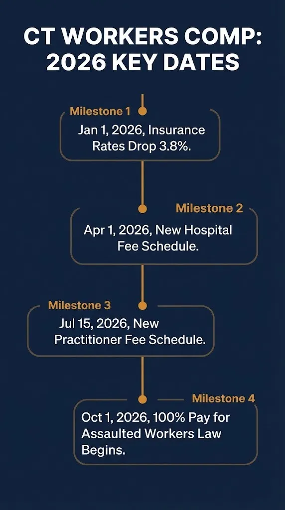 Timeline of key 2026 workers compensation ct dates including rate cuts and the new assaulted workers law.