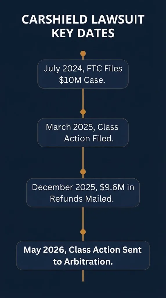 Timeline of key carshield lawsuit dates from the 2024 FTC filing through the 2026 arbitration ruling.