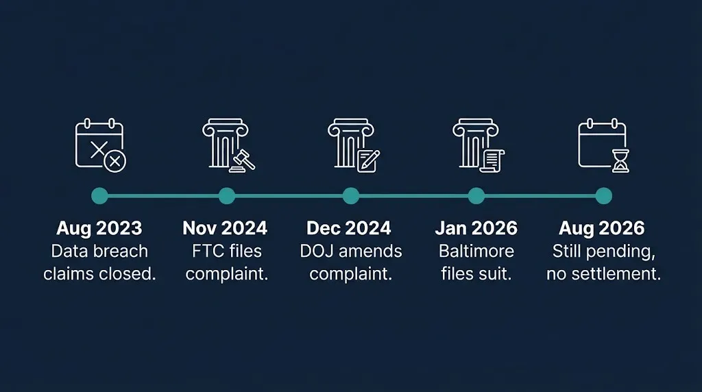 Timeline of key dates in the Dave settlement and lawsuit case from 2023 through 2026.