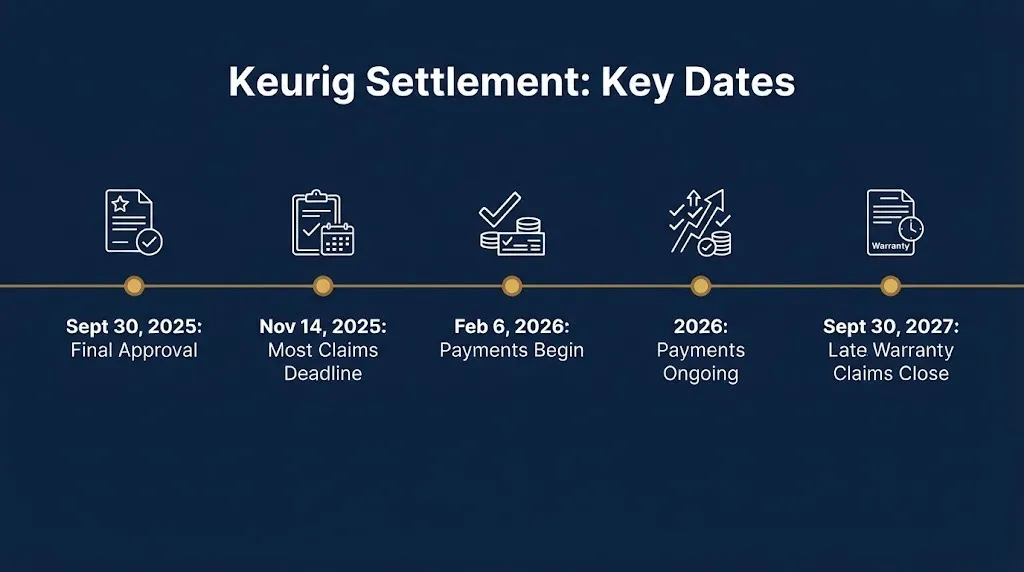 Timeline of key dates in the Keurig class action lawsuit settlement from approval through 2027 claims.