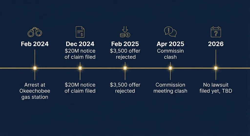 Timeline of key dates in the Warren Sapp lawsuit against Okeechobee County from 2024 through 2026.