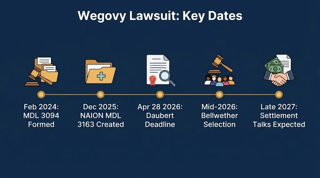 Timeline of key dates in the Wegovy lawsuit federal litigation from 2024 through expected 2027 settlement talks.