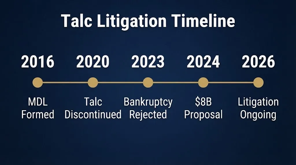 Timeline of talcum powder litigation key dates from 2016 to 2026