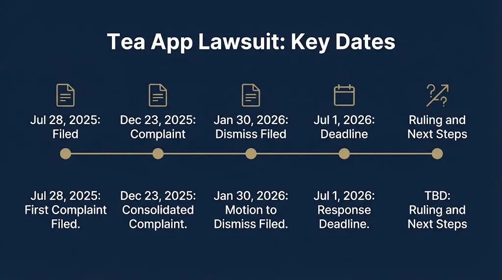 Timeline of tea app lawsuit key dates from the 2025 complaint through the 2026 motion to dismiss deadline.