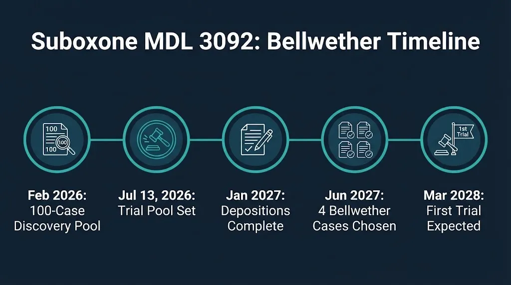 Timeline of the Suboxone tooth decay lawsuit bellwether schedule leading to a 2028 trial date.