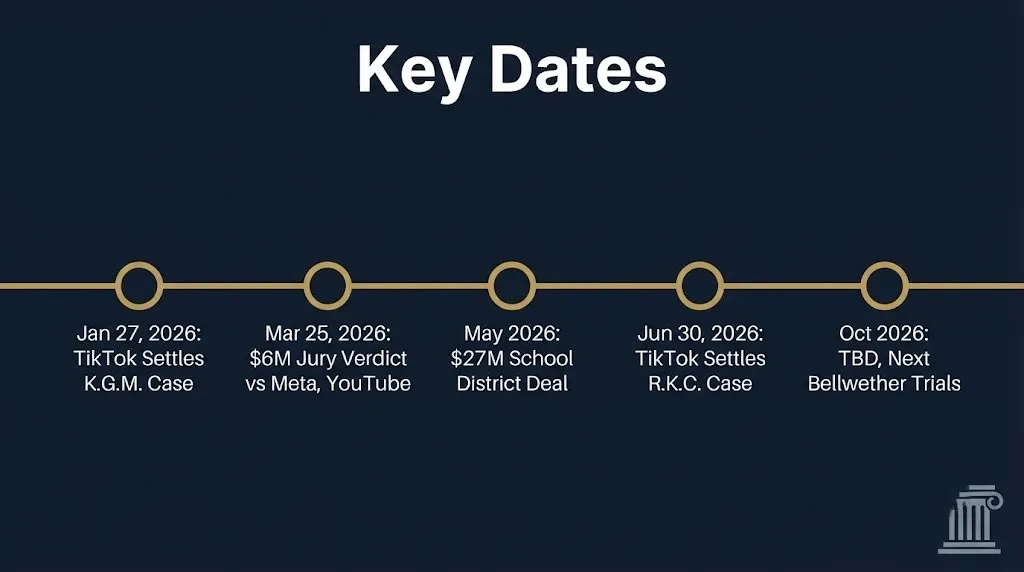 Timeline of the TikTok lawsuit 2026 showing key settlement and trial dates through October.