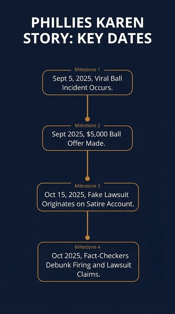 Timeline of the real phillies karen story dates, from the viral incident to the debunked lawsuit claim.