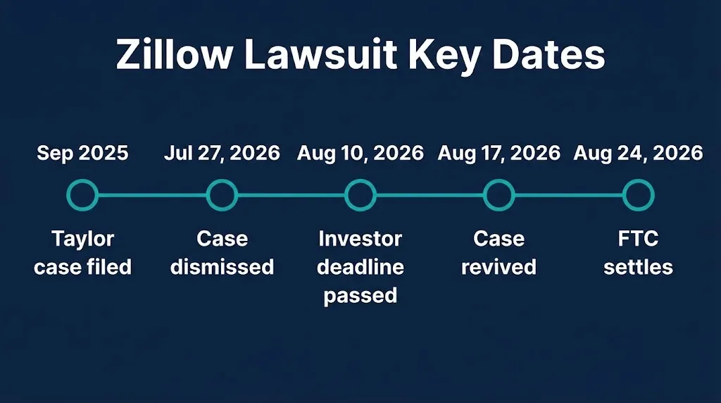 Timeline of verified Zillow lawsuit dates in 2026 from filing to the August 24 FTC settlement