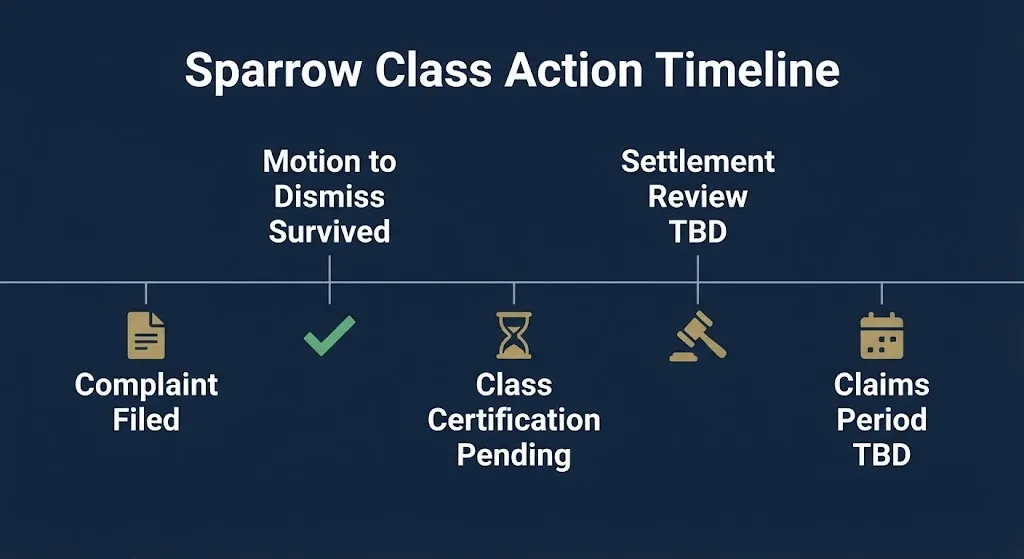 Timeline showing Sparrow class action milestones from complaint filing through pending class certification.