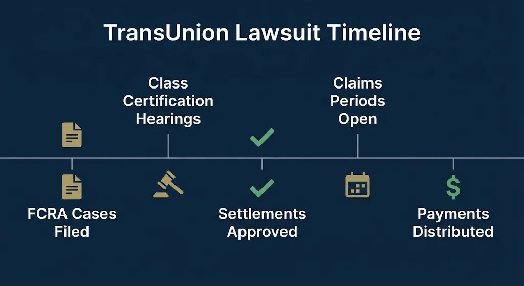 Timeline showing TransUnion lawsuit stages from filing through settlement approval and payment distribution.