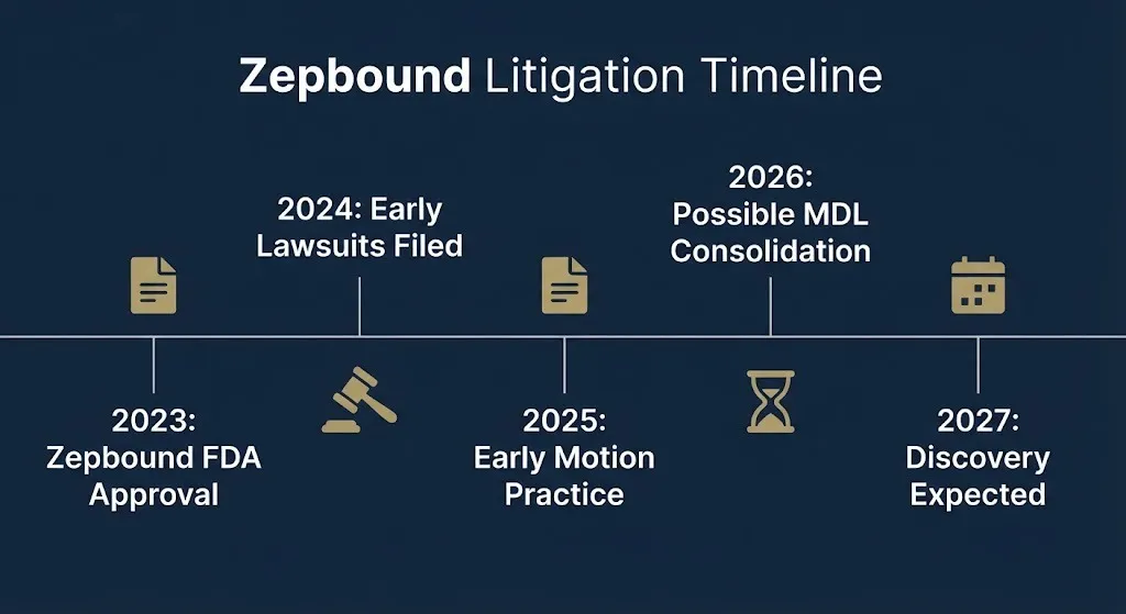 Timeline showing Zepbound litigation stages from FDA approval through expected discovery with no settlement yet confirmed.