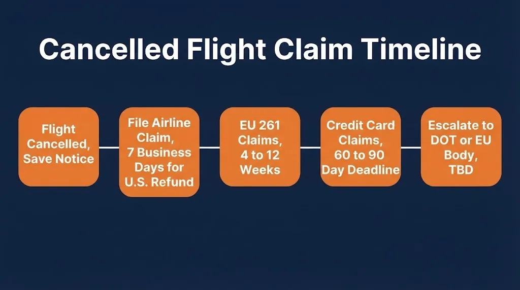 Timeline showing cancelled flight claim steps from filing to escalation for U.S. and EU passengers.