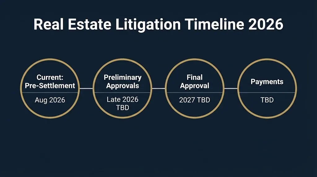 Timeline showing real estate litigation settlement stages from 2026 through expected 2027 payouts.
