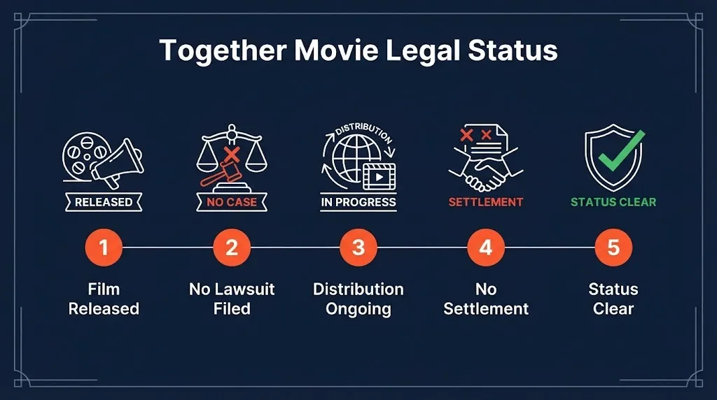 Together movie legal status timeline showing no lawsuit filed
