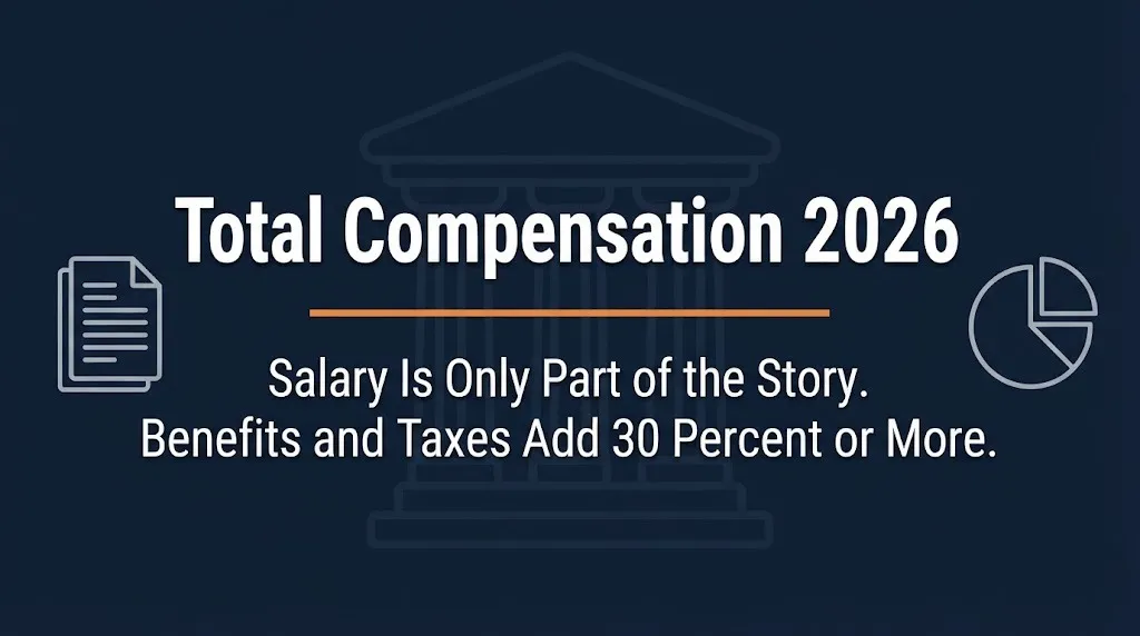 Total compensation 2026 banner showing salary versus benefits breakdown with legal and financial icons on navy background.