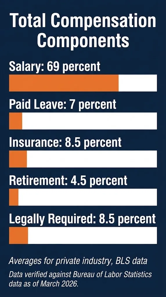 Total compensation components graphic showing salary and benefit shares based on Bureau of Labor Statistics data.