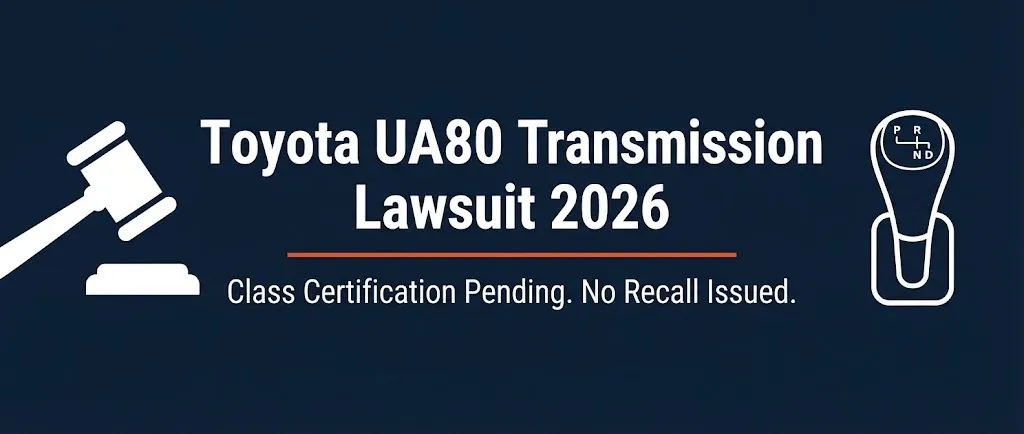 Toyota UA80 transmission lawsuit 2026 banner showing class certification pending and no recall issued with legal automotive symbols.