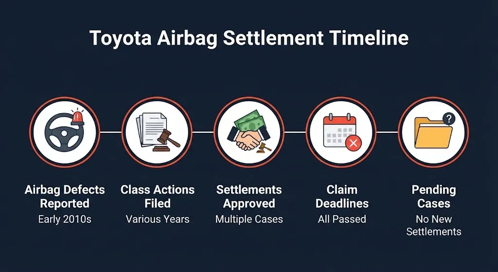 Toyota airbag settlement timeline graphic showing key dates from defect reports to passed claim deadlines.
