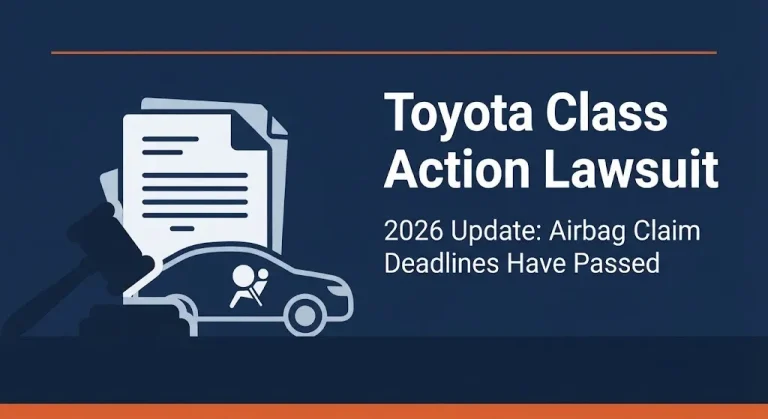 Toyota class action lawsuit 2026 status showing airbag claim deadlines passed with gavel and car illustration.