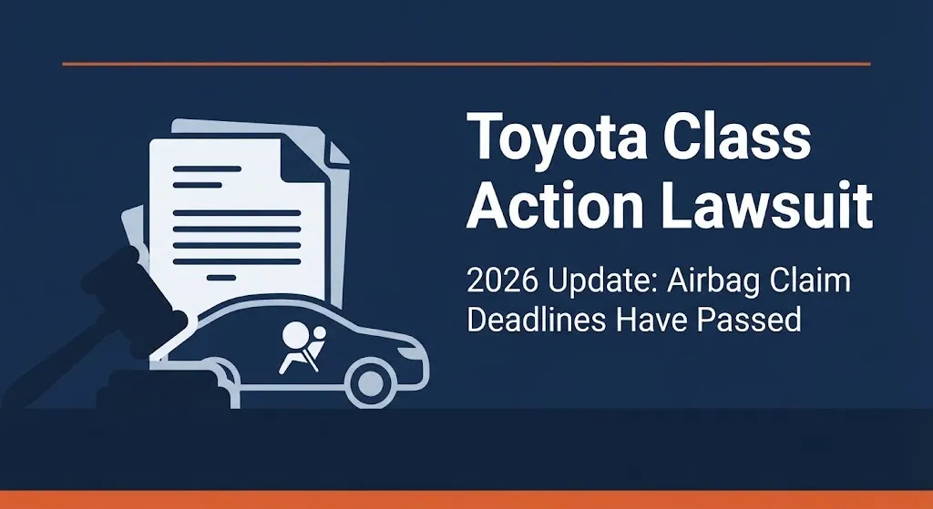 Toyota class action lawsuit 2026 status showing airbag claim deadlines passed with gavel and car illustration.
