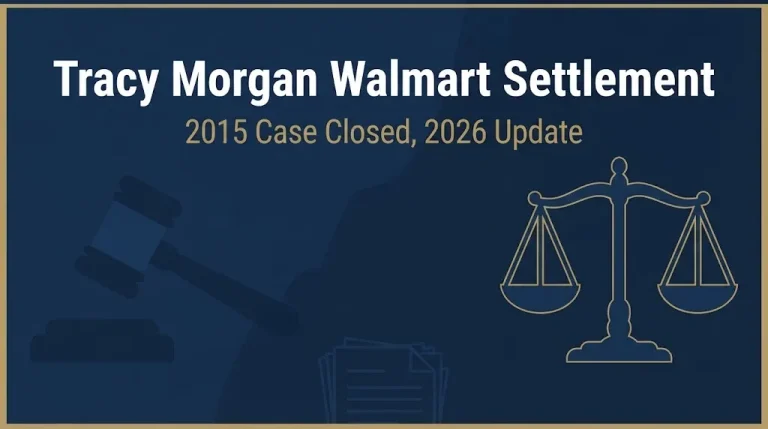 Tracy Morgan Walmart settlement 2026 status banner with legal symbols on navy background