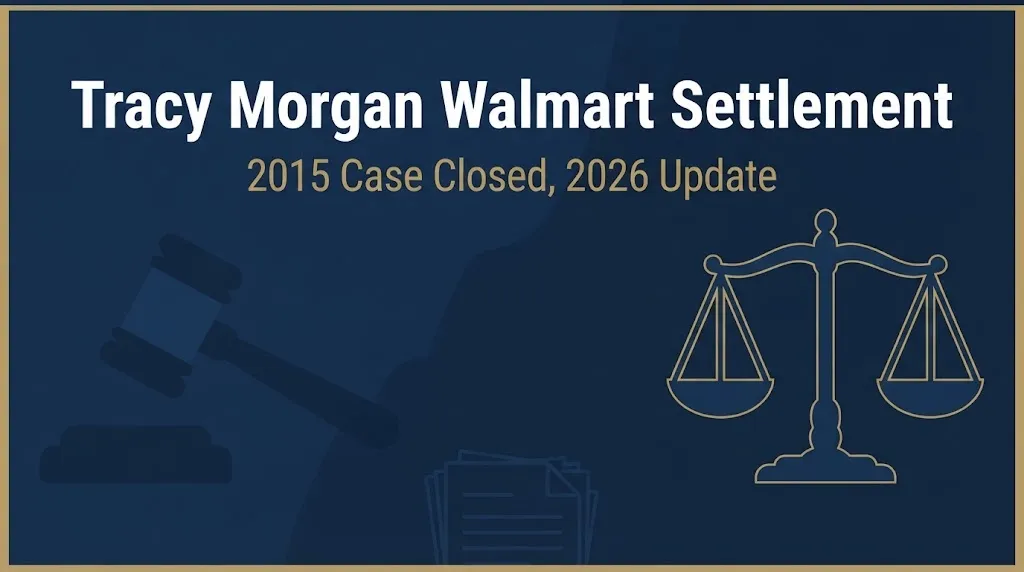 Tracy Morgan Walmart settlement 2026 status banner with legal symbols on navy background
