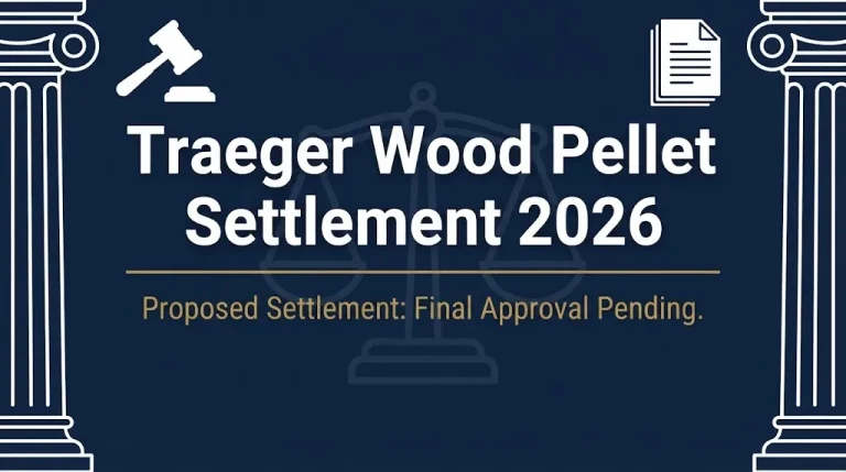 Traeger wood pellet settlement 2026 banner with gavel, scales, and final approval pending status.