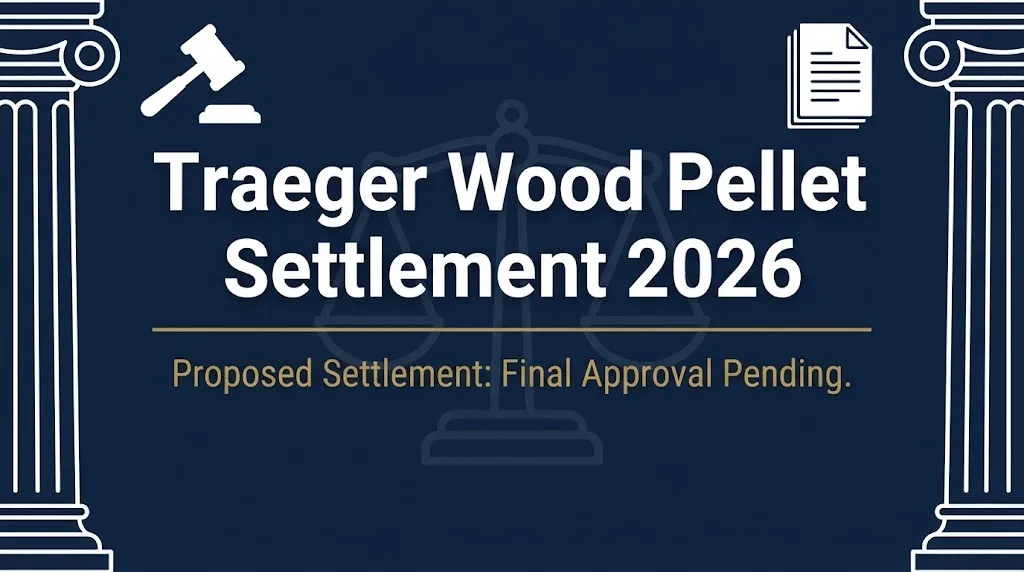 Traeger wood pellet settlement 2026 banner with gavel, scales, and final approval pending status.