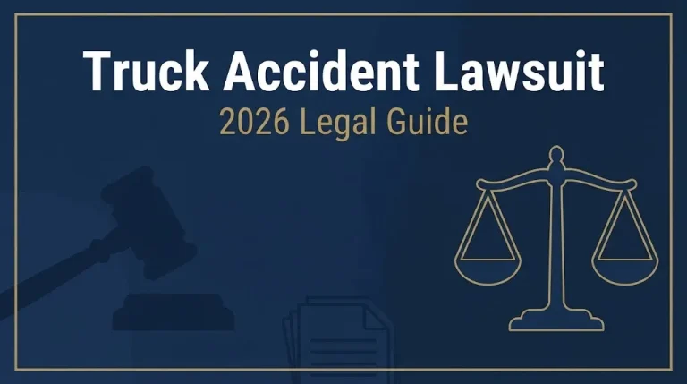 Truck accident lawsuit 2026 legal guide banner with gavel and scales on navy background