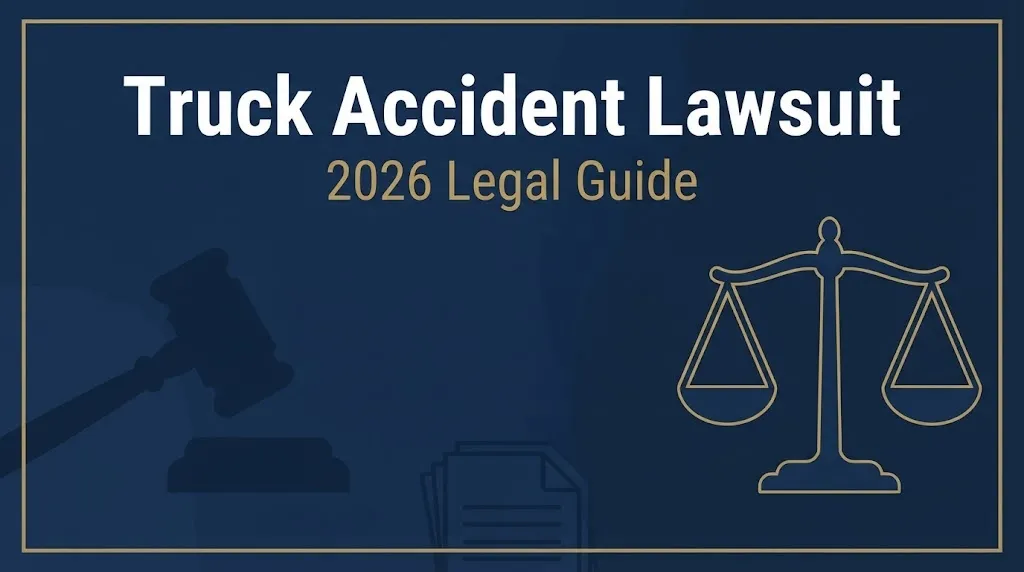 Truck accident lawsuit 2026 legal guide banner with gavel and scales on navy background
