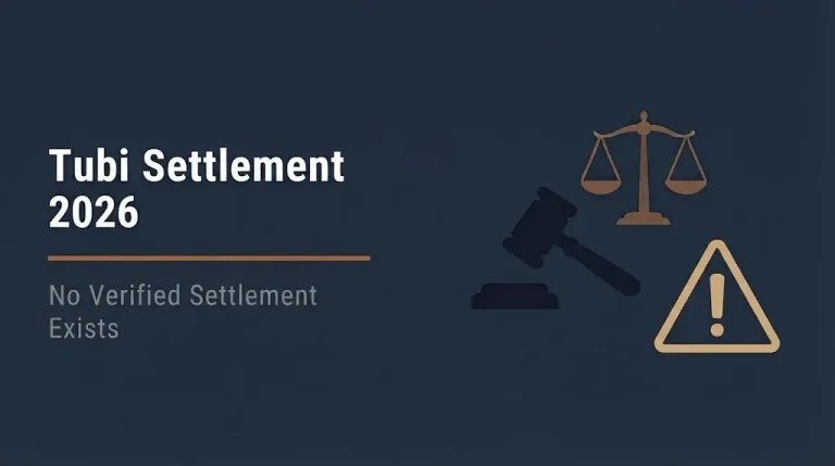 Tubi settlement 2026 banner showing no verified settlement exists with legal and warning icons.