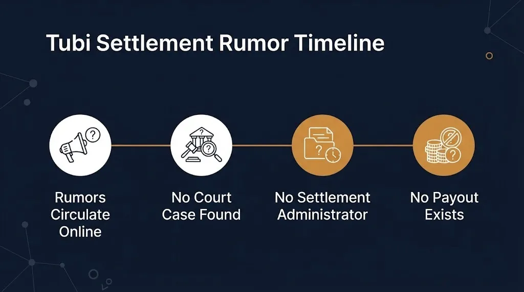 Tubi settlement rumor timeline showing no court case, no administrator, and no payout exists.