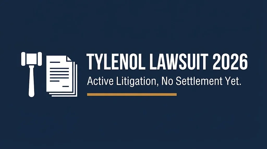 Tylenol lawsuit 2026 banner showing active litigation status with gavel and document icons on navy background.