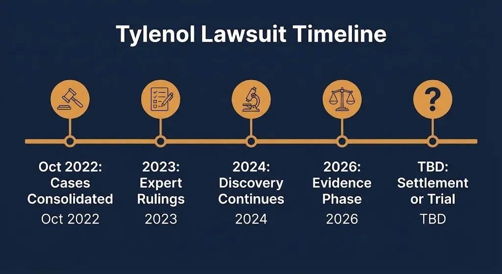 Tylenol lawsuit timeline graphic showing key dates from 2022 consolidation to pending settlement status.