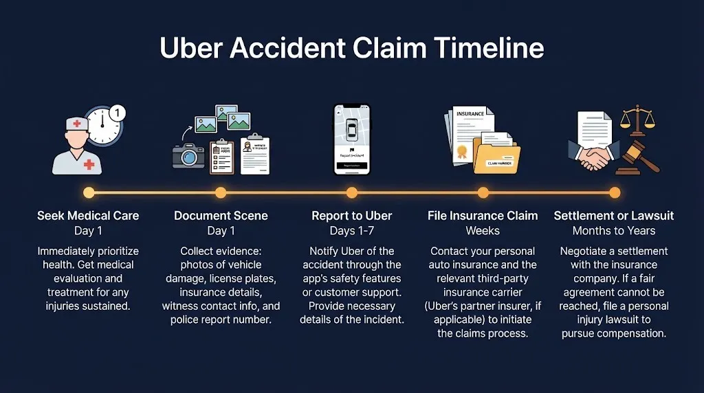 Uber accident lawsuit timeline showing key steps from medical care to settlement or lawsuit filing.