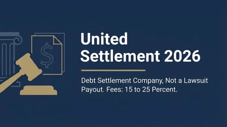 United Settlement 2026 banner showing debt settlement company information and fee range in legal editorial design.