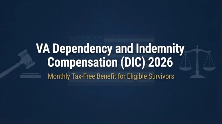 VA Dependency and Indemnity Compensation 2026 monthly benefit banner with legal symbols on navy background