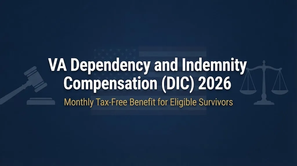 VA Dependency and Indemnity Compensation 2026 monthly benefit banner with legal symbols on navy background