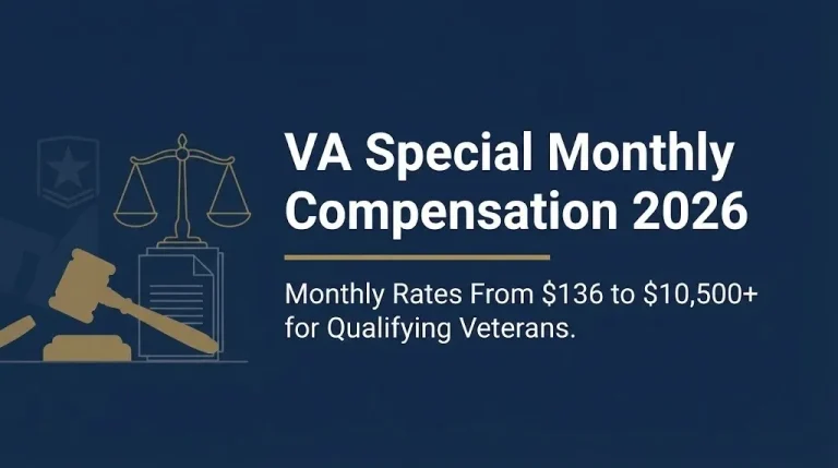 VA Special Monthly Compensation 2026 banner showing monthly payment range and legal-military symbolism in editorial design.