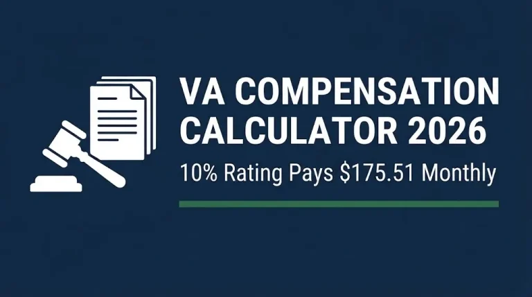 VA compensation calculator 2026 banner showing disability payment rates with gavel and document icons on navy background.