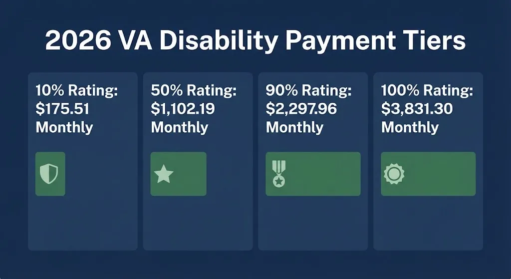 VA disability payment tiers graphic showing 2026 monthly rates by rating percentage on navy background.