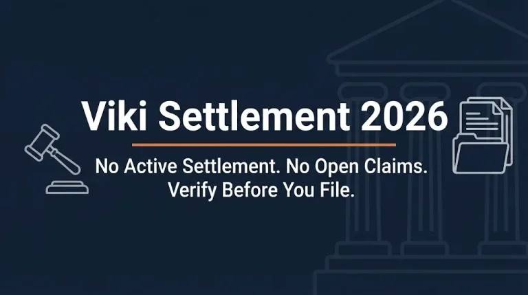 Viki settlement 2026 banner showing no active settlement and no open claims with legal icons on navy background.