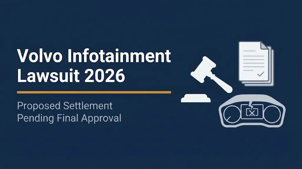 Volvo infotainment lawsuit 2026 banner showing proposed settlement pending final approval with legal icons.