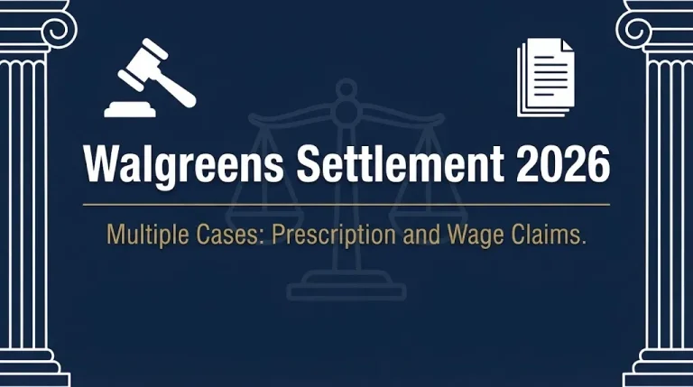 Walgreens settlement 2026 banner with gavel, scales, and multiple case status.