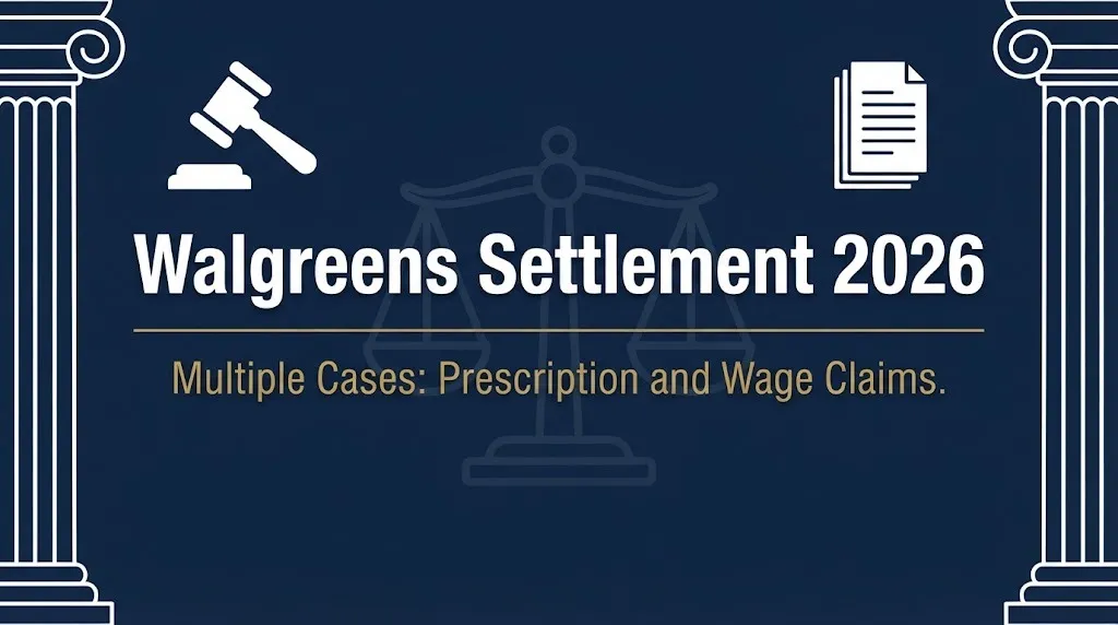 Walgreens settlement 2026 banner with gavel, scales, and multiple case status.