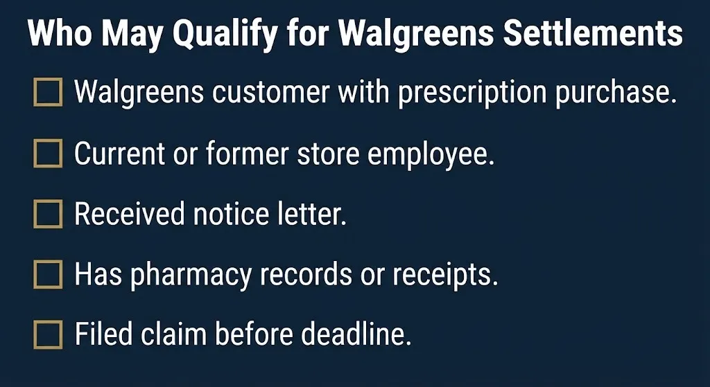 Walgreens settlement eligibility checklist for customers and employees.