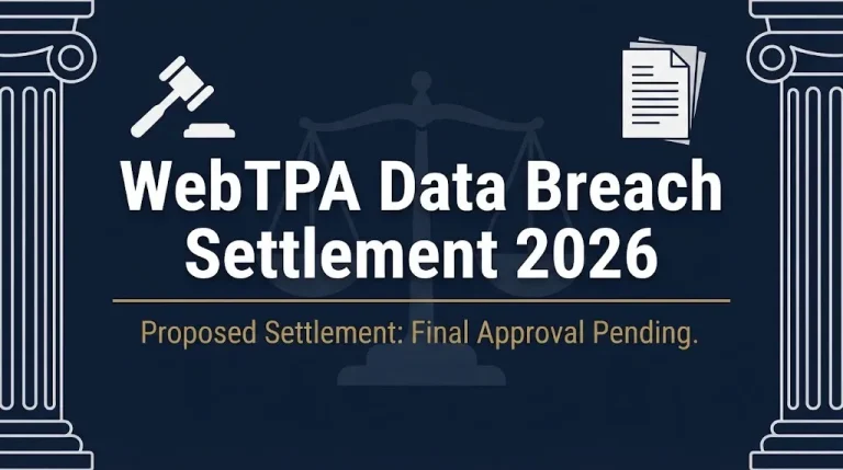 WebTPA data breach class action settlement 2026 banner with gavel, scales, and final approval pending status.