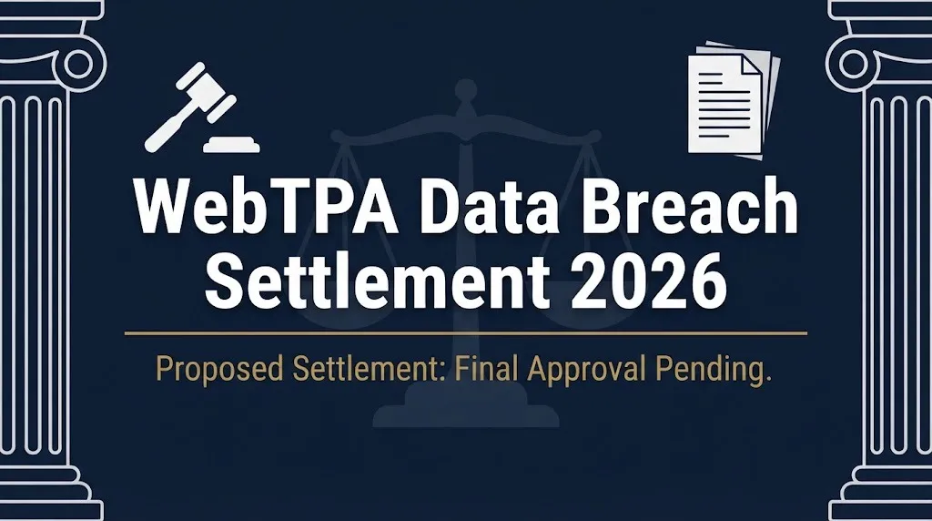 WebTPA data breach class action settlement 2026 banner with gavel, scales, and final approval pending status.