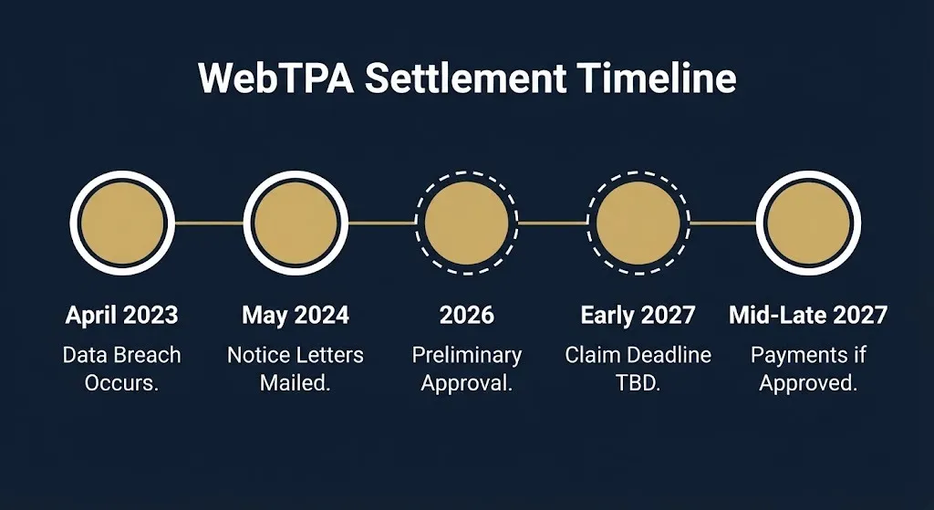 WebTPA settlement key dates timeline from 2023 breach through expected 2027 payments.